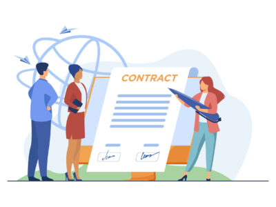 Business partners signing contract online. Leaders affixing signatures to document on monitor flat vector illustration. Internet, agreement concept for banner, website design or landing web page